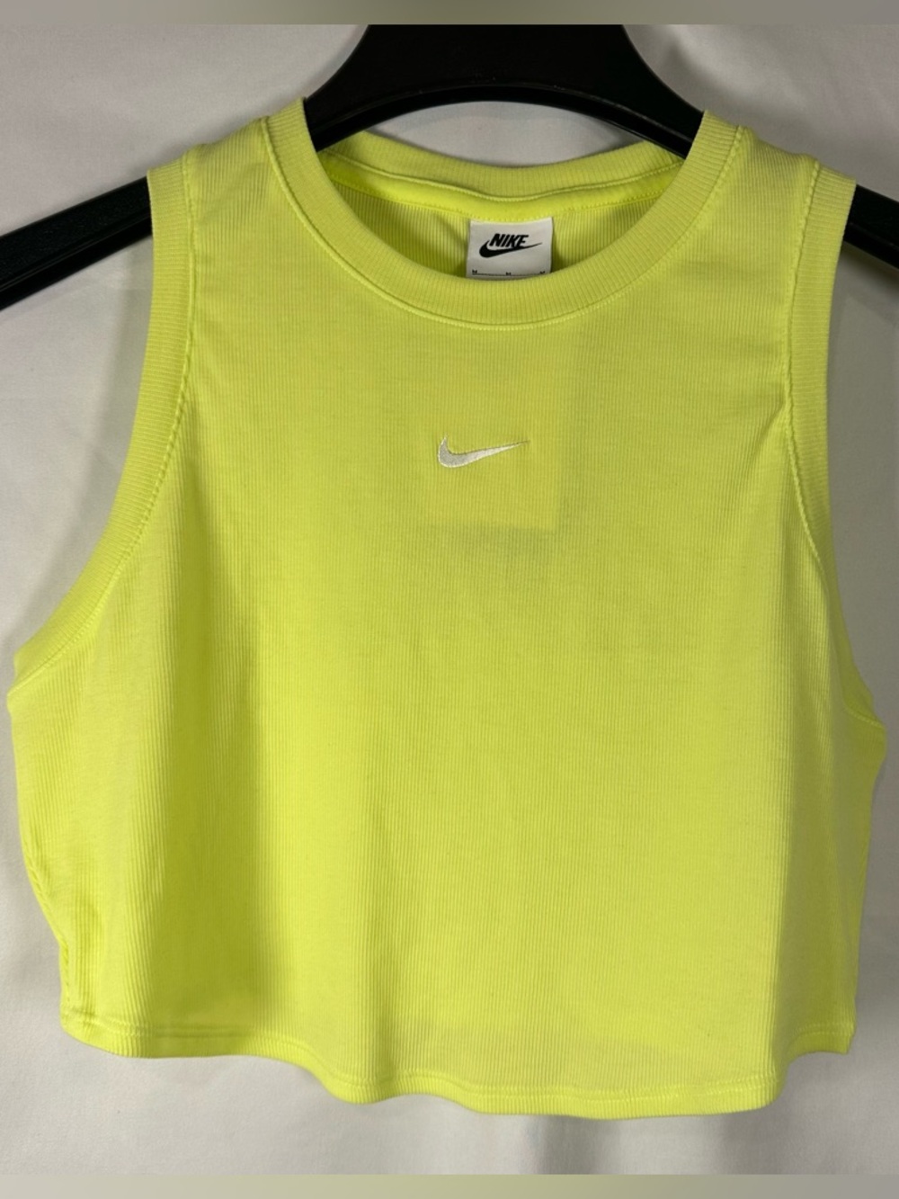 Nike Neon Lime Ribbed Cropped Tank with White Swoosh Logo